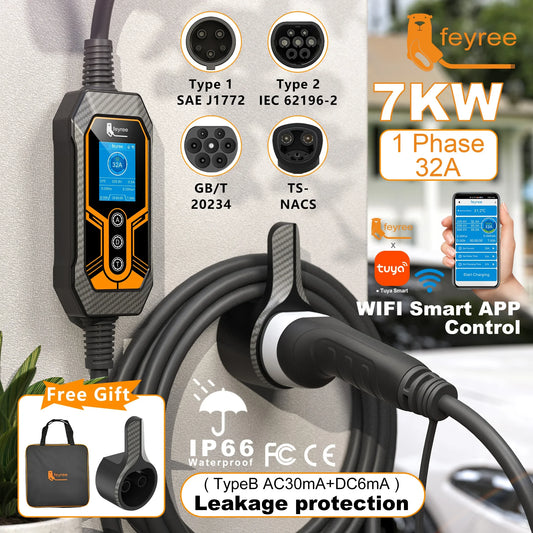 feyree Type2 32A 7KW Single Phase Wi-Fi APP Control Type1 / GBT / TS-NACS Cord for Home&Outdoor by 54 Energy - Renewable Energy Store