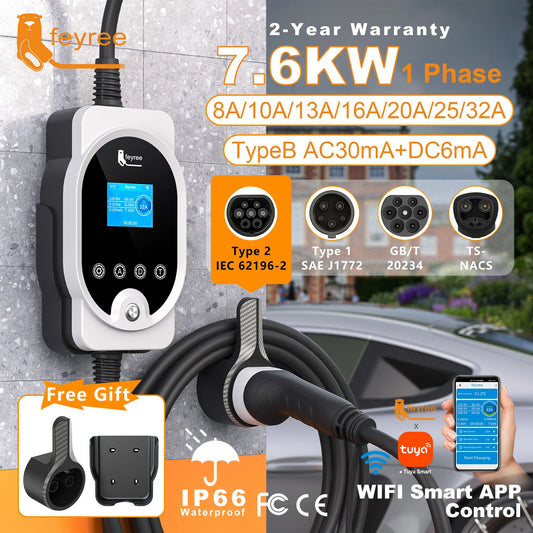 feyree Type2 7KW 32A 1P APP Wi-Fi Control Setting Current & Charging Time Type1 / GBT / TS-NACS Plug by 54 Energy - Renewable Energy Store