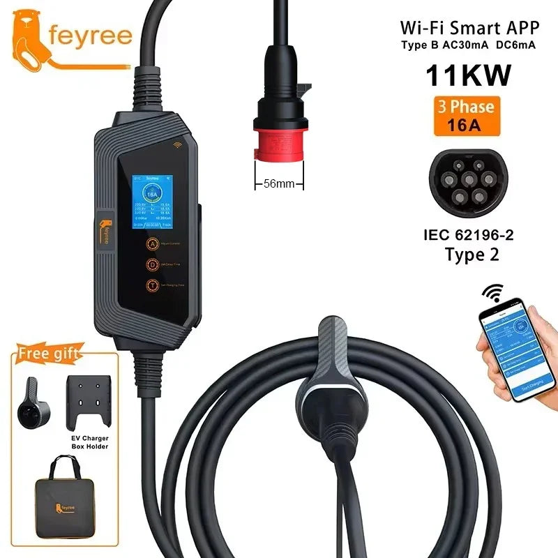 feyree Type2 Cable Portable EV Charger 11KW 16A 3P Car Charger Wi-Fi APP Control EVSE Charging Box CEE Plug for Electric Vehicle by 54 Energy - Renewable Energy Store