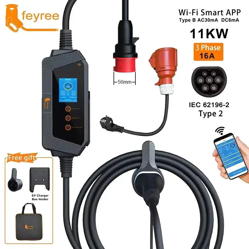 feyree Type2 Cable Portable EV Charger 11KW 16A 3P Car Charger Wi-Fi APP Control EVSE Charging Box CEE Plug for Electric Vehicle by 54 Energy - Renewable Energy Store
