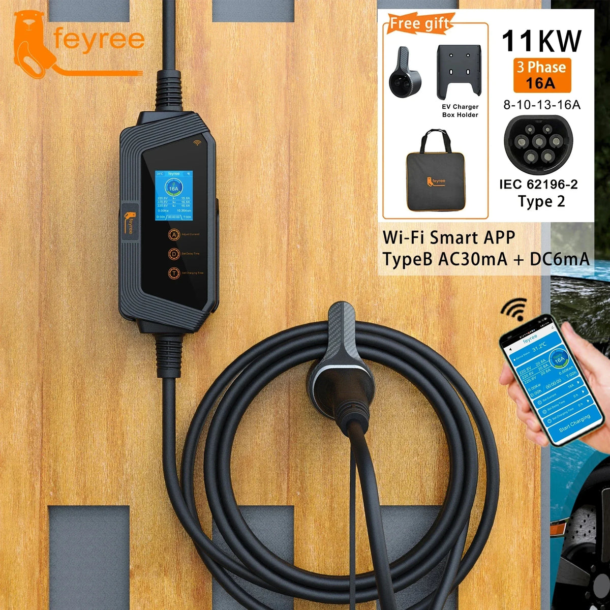 feyree Type2 Cable Portable EV Charger 11KW 16A 3P Car Charger Wi-Fi APP Control EVSE Charging Box CEE Plug for Electric Vehicle by 54 Energy - Renewable Energy Store
