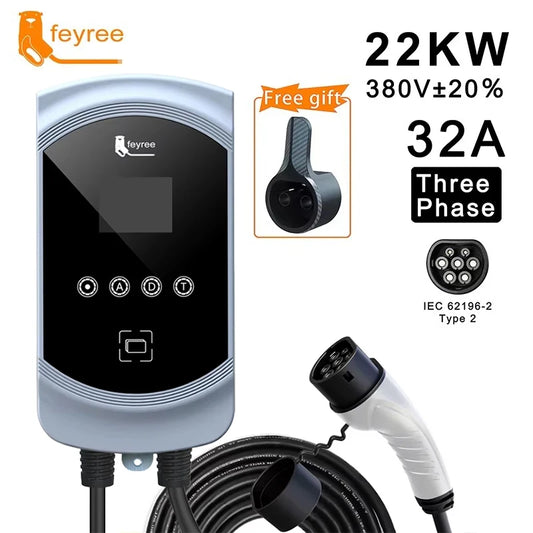 feyree Type2 EV Charger 32A 7.6KW 1Phase EVSE Wallbox 11KW 22KW 3 Phase Fast Charging Station 5m Cable for Electric Vehicle Car by 54 Energy - Renewable Energy Store