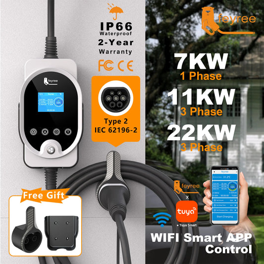 feyree Type2 EV Charger EVSE Wallbox 22KW 11KW 3P Smart APP Wi-Fi Control 7KW 32A 1P Setting Current & Charging Time for EV Car by 54 Energy - Renewable Energy Store