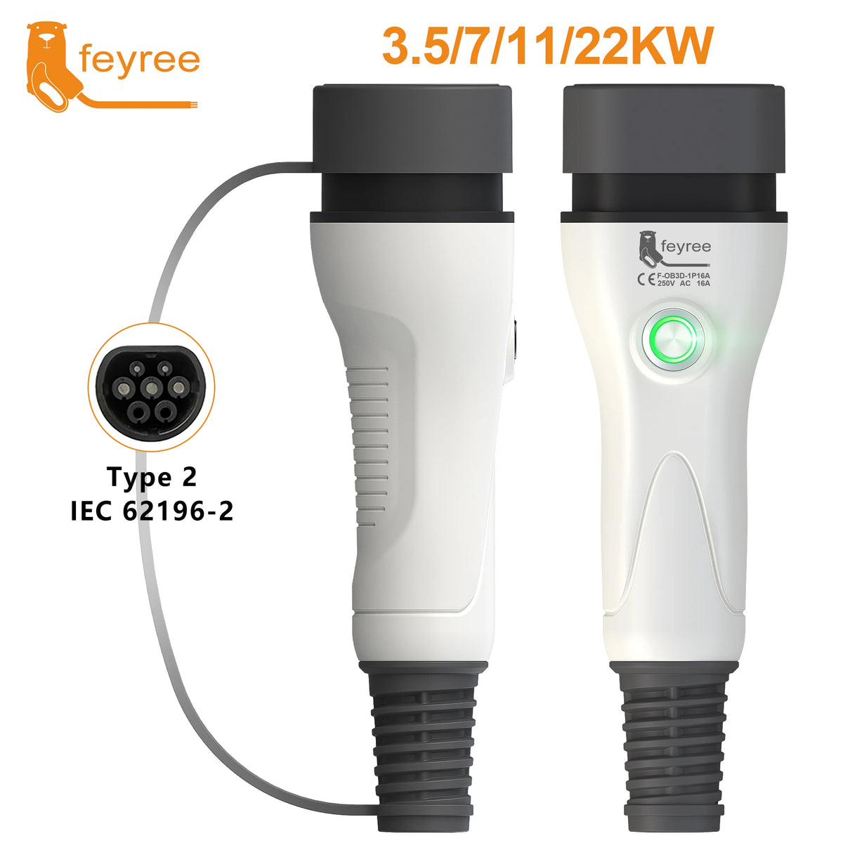 feyree Type2 EV Charger Plug One-touch Stop Function 16A 32A Charger Socket for Car side Electric Vehicle Car Charging Station by 54 Energy - Renewable Energy Store