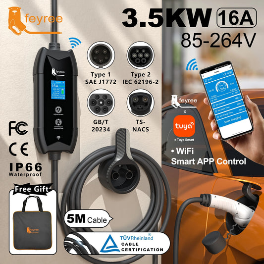 feyree Type2 EV Charger WIFI APP Control 16A 3.5KW GBT 5M Cable Type1 Portable Charging Box Set Charging&DelayTime for EV Cars by 54 Energy - Renewable Energy Store