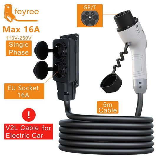 feyree V2L Cable Discharge Plug EV Charger GBT Socket 16A Charging Cable 5m with EU Adapter Outdoor Power Station Electric Car by 54 Energy - Renewable Energy Store