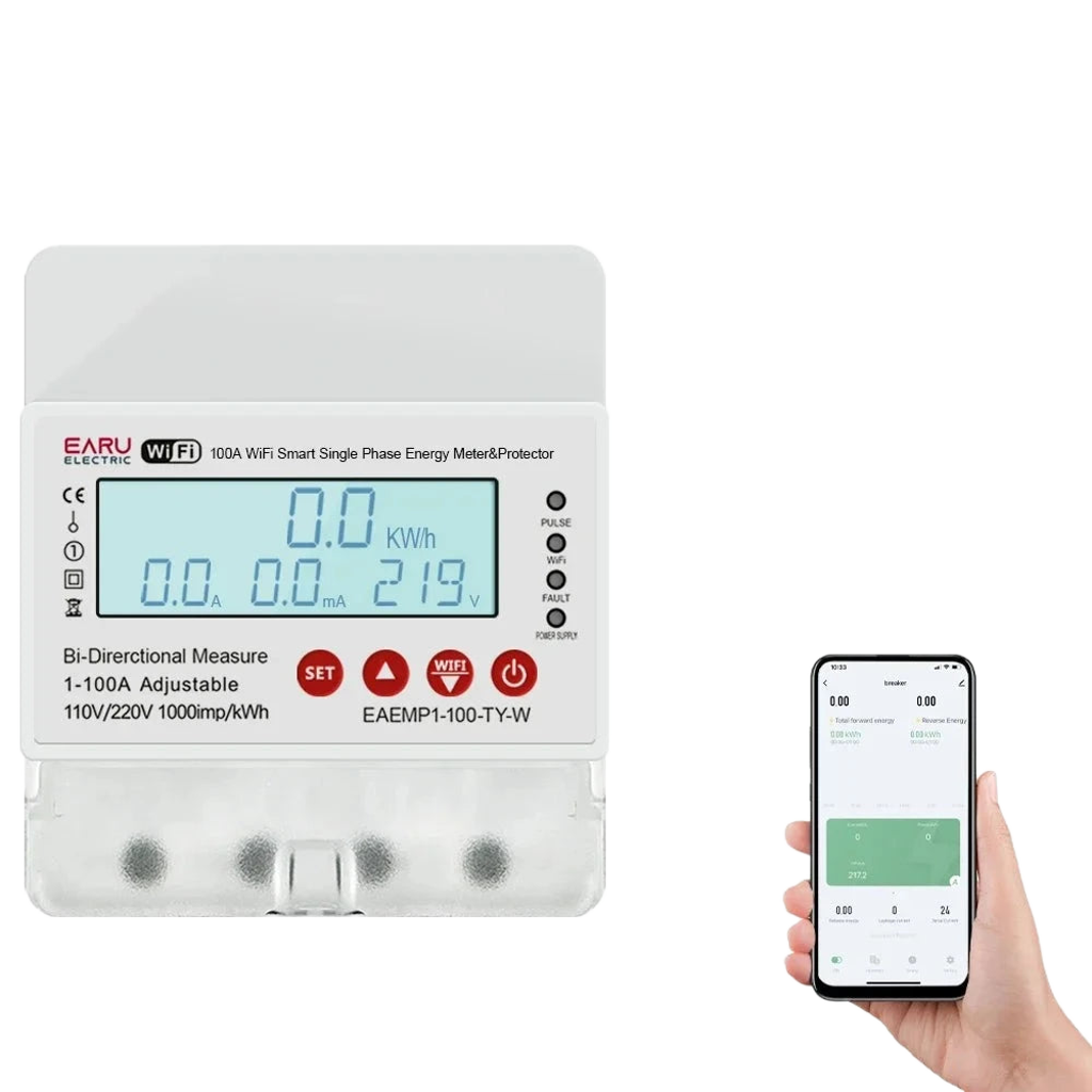 100A Tuya WiFi Smart Single Phase Energy Meter Over Under Voltage Protector Electricity Bi-Directional Measure kWh Power Meter