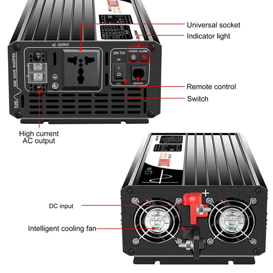2000W pure sine wave power inverter 12V/24V/48V DC to 110V 220V AC LCD screen - 54 Energy - Renewable Energy Store