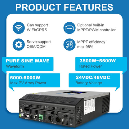 3000VA/2400W Hybrid Inverter Pure Sine wave with AC Charger Solar Charger Controller PWM PV input DC 24V to AC 120V - 54 Energy - Renewable Energy Store