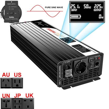 3000W pure sine wave solar car power inverter 12V/24V/48V DC to 110V 220V AC LCD screen - 54 Energy - Renewable Energy Store