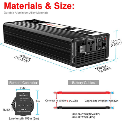 3000W pure sine wave solar car power inverter 12V/24V/48V DC to 110V 220V AC LCD screen - 54 Energy - Renewable Energy Store