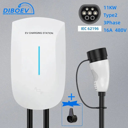 DIBO EV Charger Type2 Plug EVSE Wallbox 32A 22KW IEC62196-2 Socket 3Phase 5m Cable Wallmount Charging Station for Electric Car - 54 Energy - Renewable Energy Store
