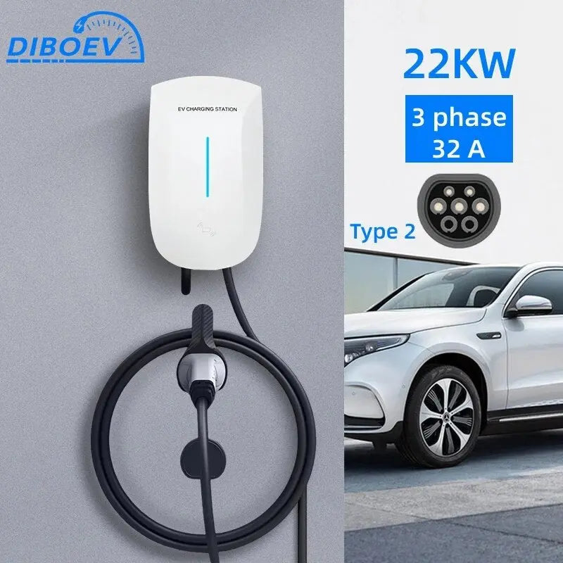 DIBO EV Charger Type2 Plug EVSE Wallbox 32A 22KW IEC62196-2 Socket 3Phase 5m Cable Wallmount Charging Station for Electric Car - 54 Energy - Renewable Energy Store