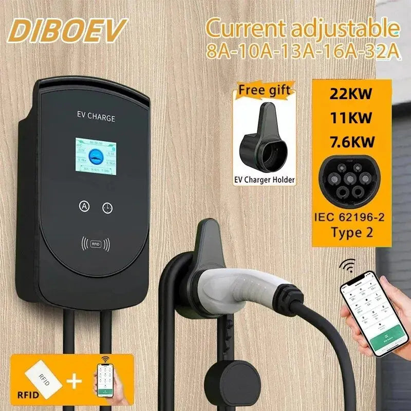 EV Charging Station 1/3 Phase Charger Electric Vehicle Car Wallbox for Type2 / Type1 32A 7.6/11/22KW IEC62196-2 SAE J1772 - 54 Energy - Renewable Energy Store