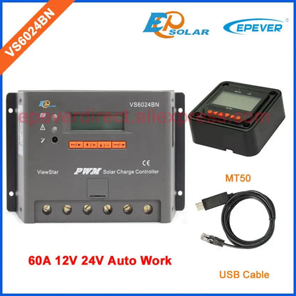 12v 24v auto type 60A Solar Controller VS6024BN 60amp USb cable and MT50 remote meter temperature sensor PWM EPEVER - 54 Energy - Renewable Energy Store