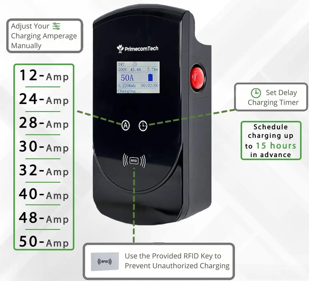 Smart Electric Vehicle Charging Station 220 V for Tesla and All EV Brands 30' Feet Length (25 Feet, NEMA 14-50p) - 54 Energy - Renewable Energy Store