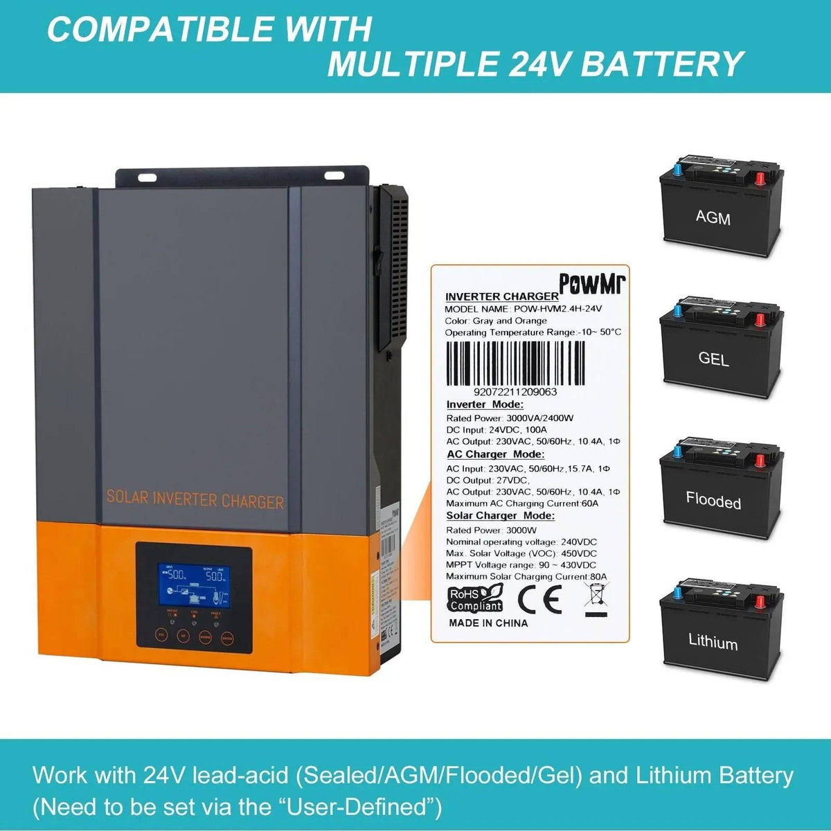 Hybrid Inverter POWMR MPPT 80A Solar Charger 24V 2400W 230V Output Max PV 450VDC Support WIFI - 54 Energy - Renewable Energy Store