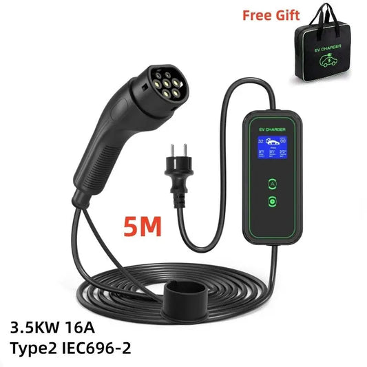 Portable EV Charger 3.5KW Type2 IEC62196-2 Wallbox Model2 EVSE Equipment Home Car Charging 16/13/10/8A  Ajustable With Cable 5M - 54 Energy - Renewable Energy Store
