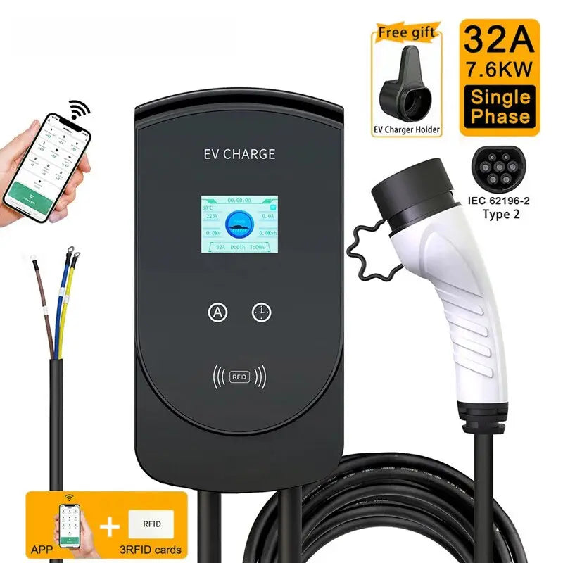 EV Charging Station 32A Electric Vehicle Car Charger EVSE Wallbox Wallmount 7.6/11/22KW Type 2 Cable IEC62196 APP Control - 54 Energy - Renewable Energy Store
