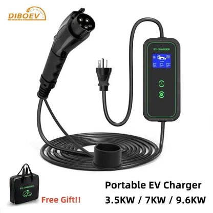 Type1 EV Portable Charger with LCD 3.5KW / 7KW / 9.6KW 16A / 32A / 40A for Electric Car EVSE Charging Cable 5M NEMA Plug - 54 Energy - Renewable Energy Store