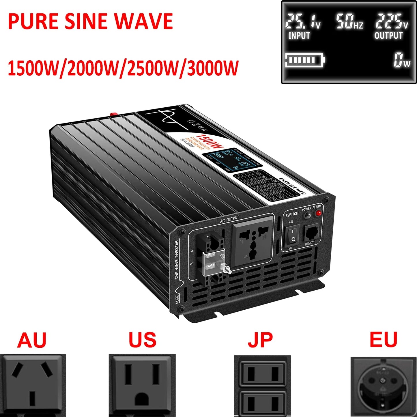 1500W 2000W 2500W 3000W pure sine wave solar power inverter 12V/24V/48V DC to 110V 220V AC LCD screen - 54 Energy - Renewable Energy Store