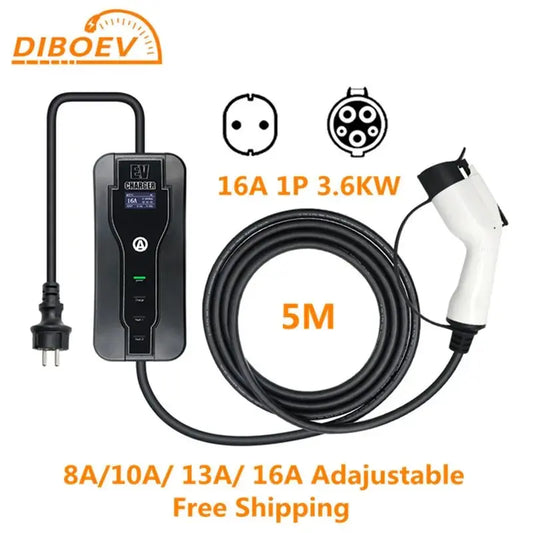 SAEJ1772 Portable EV Charger 16A 3.6KW Type 1 Wallbox Adjustable Current 1Phase for Electric Vehicle Car Charging - 54 Energy - Renewable Energy Store