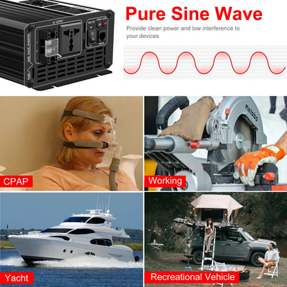 3000W pure sine wave solar car power inverter 12V/24V/48V DC to 110V 220V AC LCD screen - 54 Energy - Renewable Energy Store
