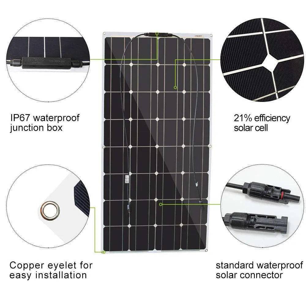 Solar Panel Black Monocrystalline Cell ETFE PET 300w 200w 100w Flexible 12V 24V Battery Charger 1000w Home Complete System Kit - 54 Energy - Renewable Energy Store