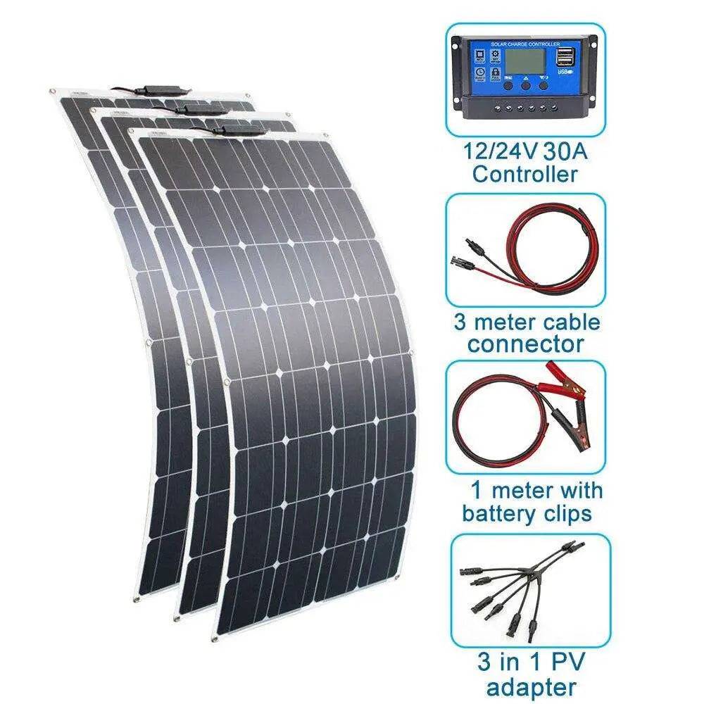 Solar Panel Black Monocrystalline Cell ETFE PET 300w 200w 100w Flexible 12V 24V Battery Charger 1000w Home Complete System Kit - 54 Energy - Renewable Energy Store