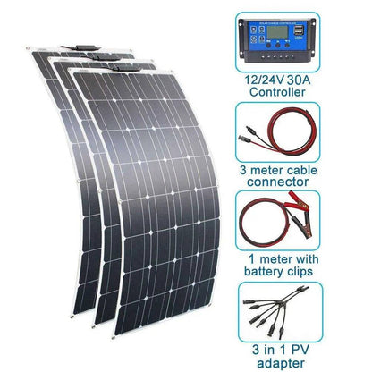 Solar Panel Black Monocrystalline Cell ETFE PET 300w 200w 100w Flexible 12V 24V Battery Charger 1000w Home Complete System Kit - 54 Energy - Renewable Energy Store