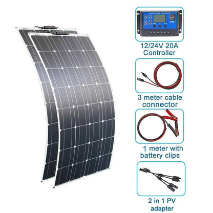 Solar Panel Black Monocrystalline Cell ETFE PET 300w 200w 100w Flexible 12V 24V Battery Charger 1000w Home Complete System Kit - 54 Energy - Renewable Energy Store